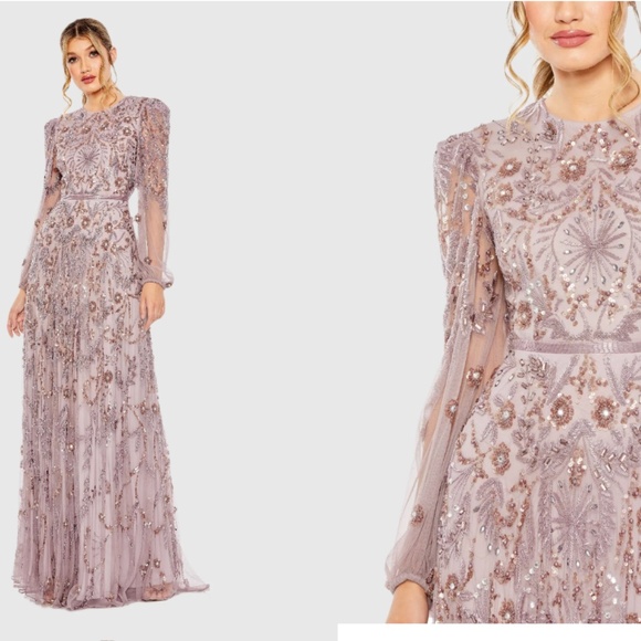 MAC DUGGAL 93930 PUFF SLEEVE EMBELLISHED A-LINE HEATHER (LILAC) GOWN sz 12
